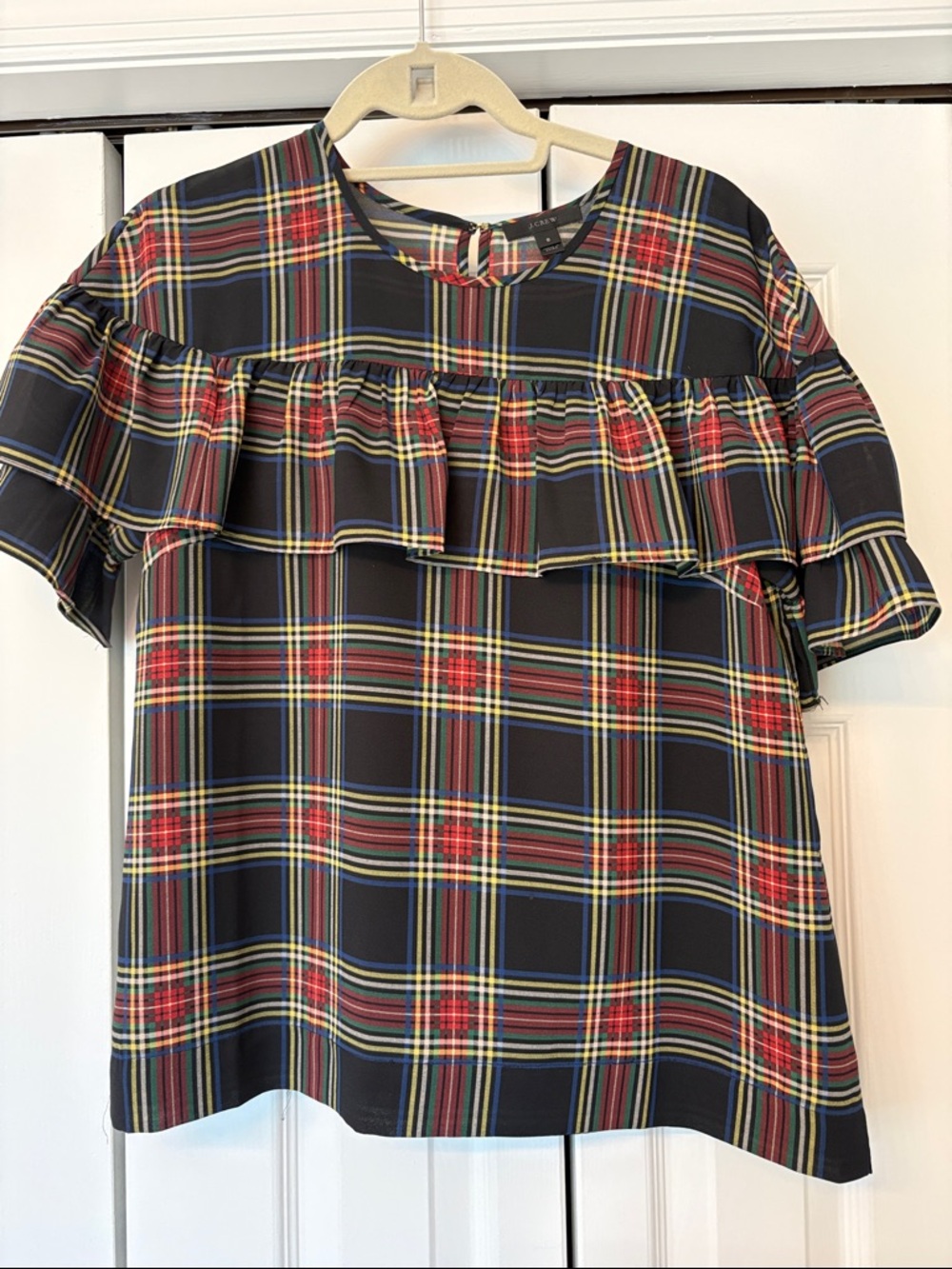 J. Crew Multicolor Plaid Ruffle Yoke Top